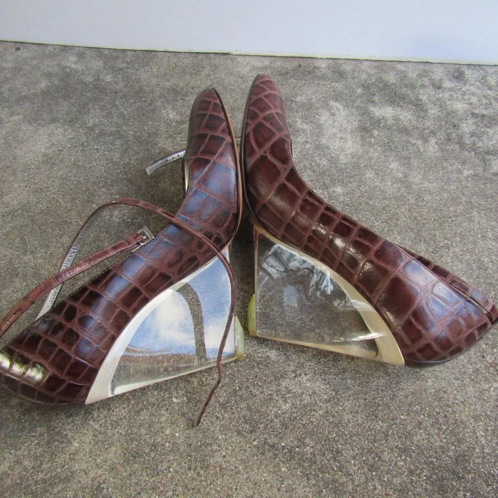 Giuseppe Zanotti Ankle Wrap Leather Lucite Wedge Heels
